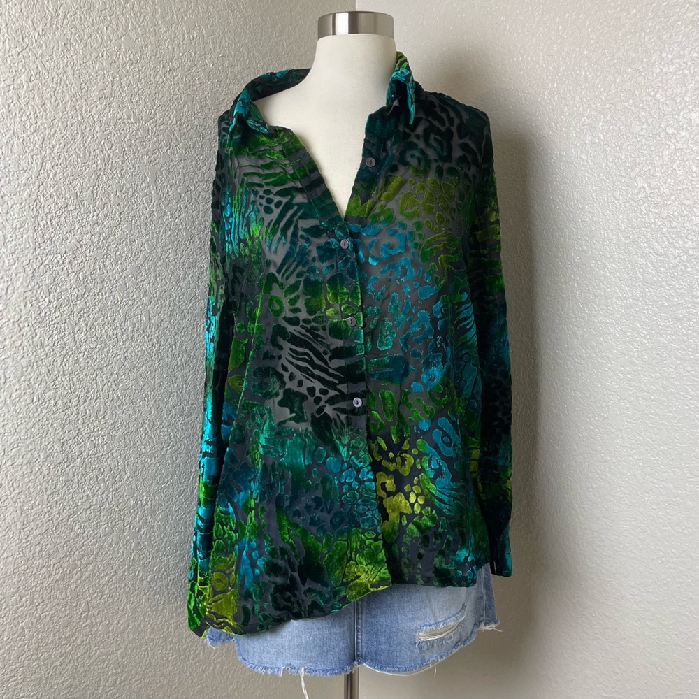 VINTAGE White Stag Sheer Multicolor Velvet Leopard Print Button-Up Blouse